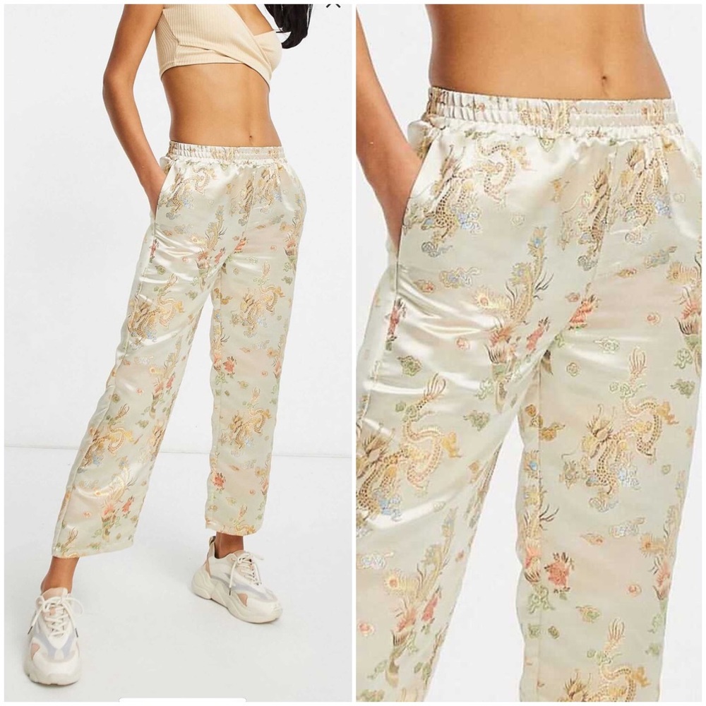 ASOS Floral Satin Pants in Cream and Gold